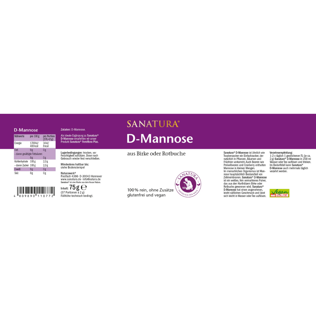 Sanatura D-Mannose Etikett 75 g – vollständige Deklaration mit Nährwerten, Anwendungsempfehlung, Zutaten und Produktbeschreibung, vegan, ohne Zusatzstoffe