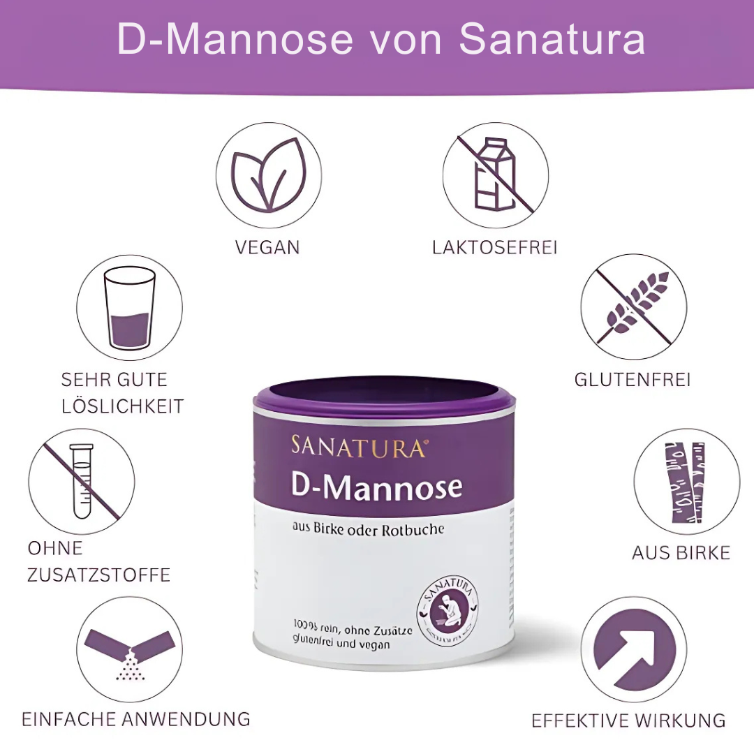 Sanatura D-Mannose – 100 % reines Pulver aus Birke oder Rotbuche, glutenfrei, vegan, ohne Zusatzstoffe, gut löslich, einfache Anwendung, mit effektiver Wirkung