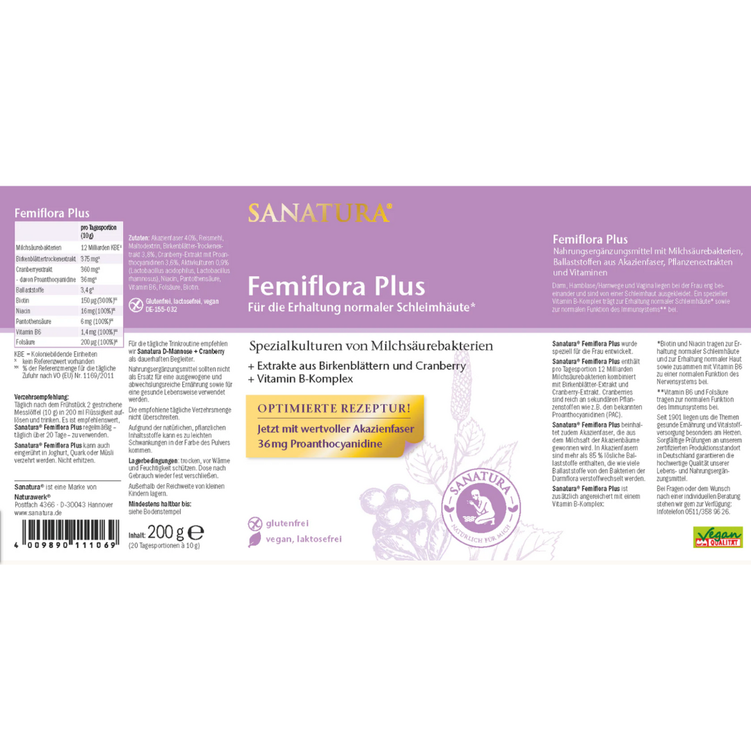 Sanatura Femiflora Plus Etikett 200 g – Deklaration mit Milchsäurekulturen, B-Vitaminen, Akazienfaser, Cranberry-Extrakt, Nährwerttabelle und Einnahmeempfehlung, vegan, glutenfrei, laktosefrei