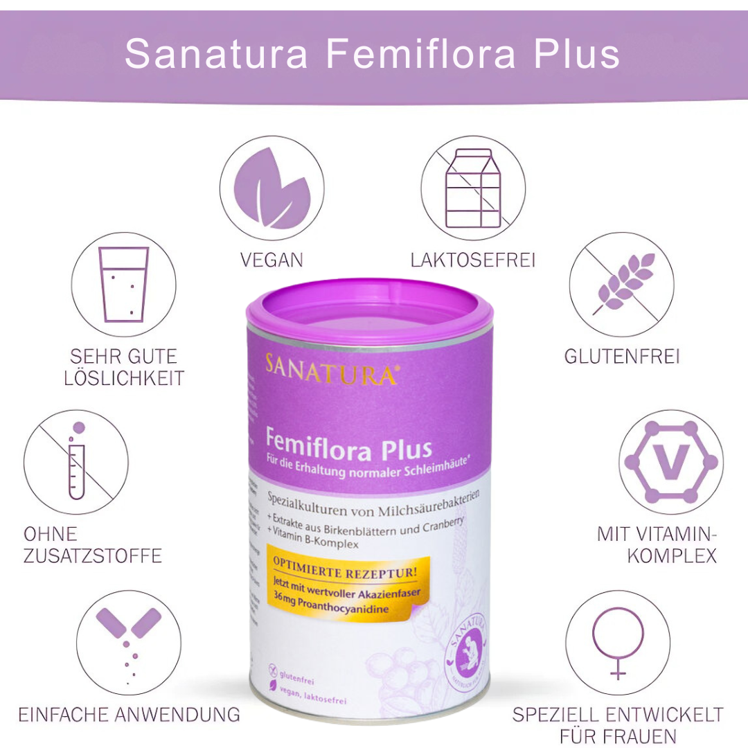 Sanatura Femiflora Plus – vegane Milchsäurebakterienkulturen mit Vitamin-B-Komplex, glutenfrei, laktosefrei, ohne Zusatzstoffe, gute Löslichkeit, speziell für Frauen entwickelt