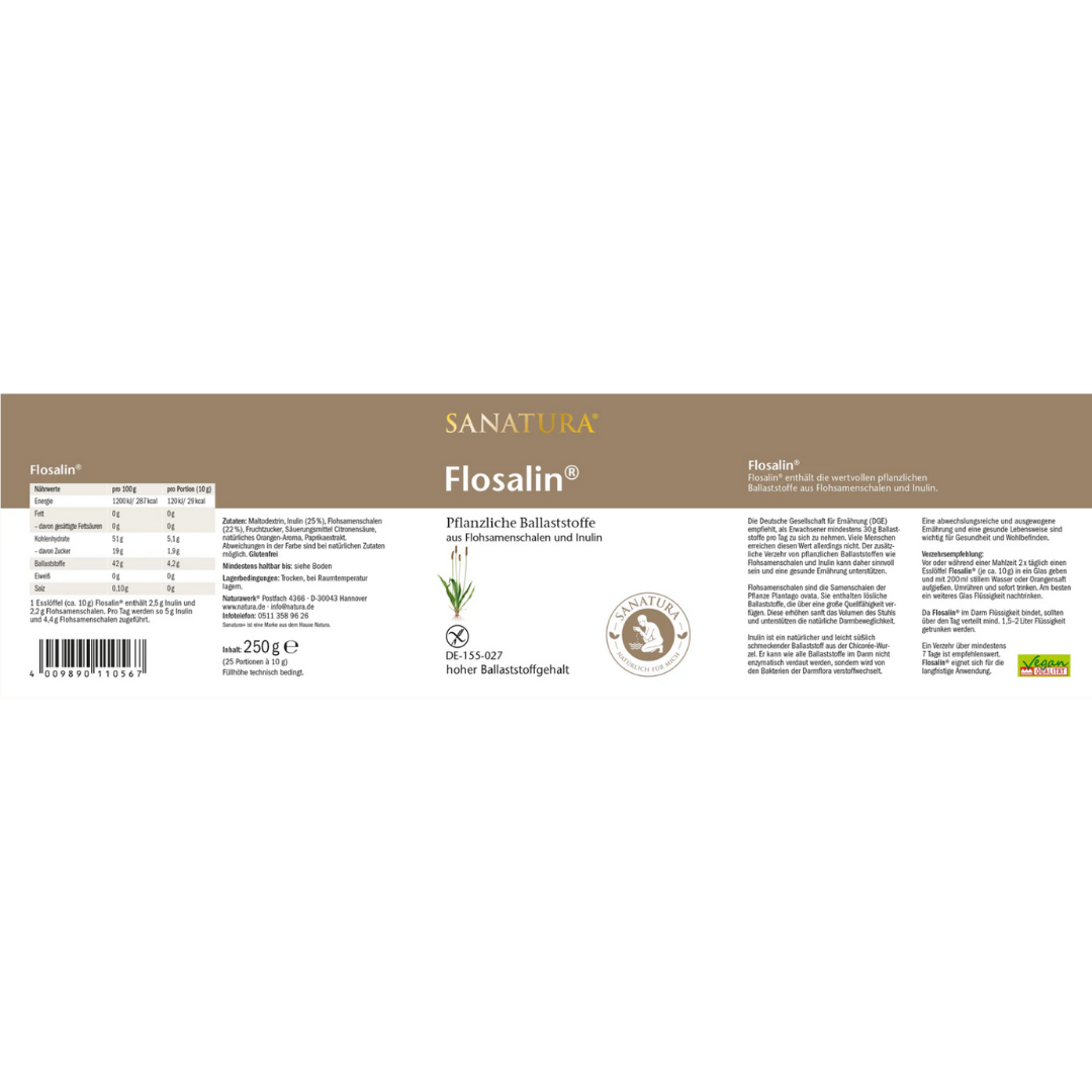 Sanatura Flosalin Etikett 250 g – pflanzliche Ballaststoffe aus Flohsamenschalen und Inulin, mit Nährwertangaben, Zutatenliste und Anwendungshinweisen, glutenfrei und vegan