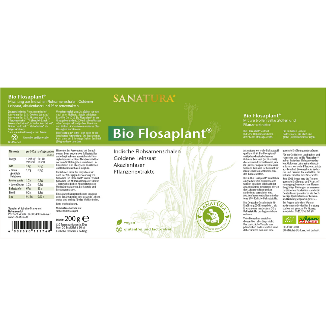 Sanatura Bio Flosaplant Etikett mit Zutatenliste, Nährwertangaben und Anwendungshinweisen – veganes Ballaststoffprodukt in Bio-Qualität