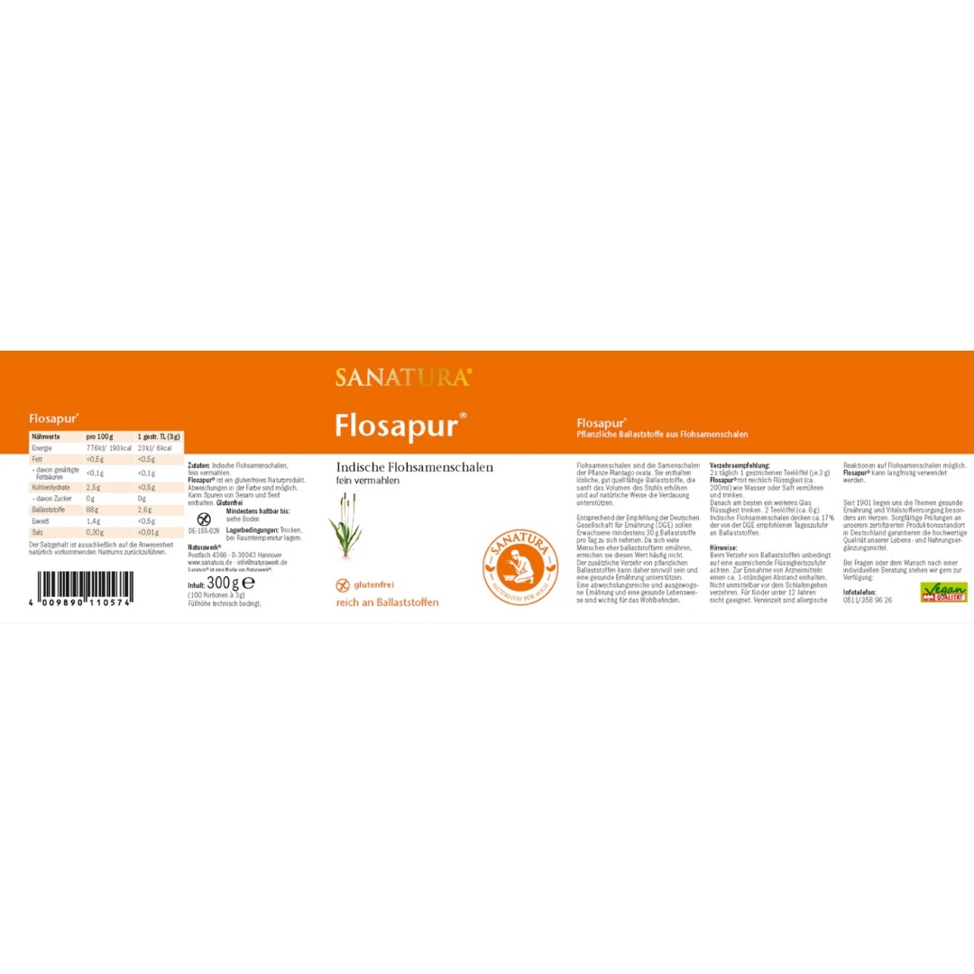 Etikett von Sanatura Flosapur – 300 g fein vermahlene indische Flohsamenschalen mit Nährwertangaben, Anwendung und Produktdetails