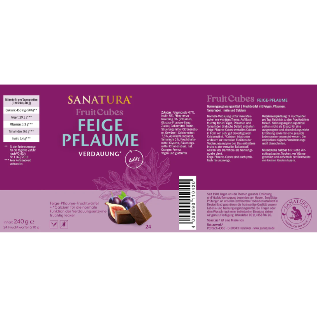 Etikett von Sanatura Fruit Cubes Feige Pflaume – mit Zutatenliste, Nährwertangaben und Anwendungsempfehlung für fruchtige Verdauungscubes