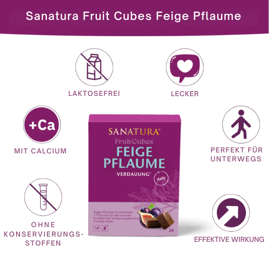 Sanatura Fruit Cubes Feige Pflaume – laktosefrei, lecker, mit Calcium, ohne Konservierungsstoffe, ideal für unterwegs und effektiv in der Anwendung