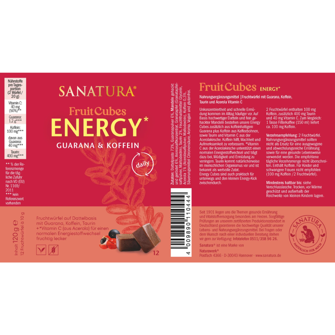 Etikett von Sanatura Fruit Cubes Energy – mit Inhaltsstoffen, Nährwertangaben, Anwendungshinweis und Warnhinweis zu Koffein