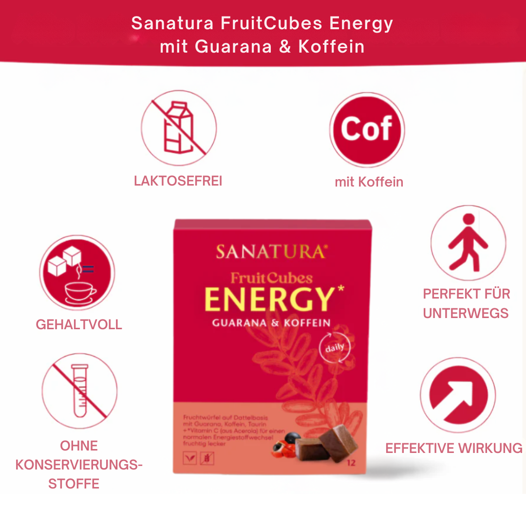Sanatura Fruit Cubes Energy – fruchtige Würfel mit Koffein und Guarana, laktosefrei, ohne Konservierungsstoffe, ideal für unterwegs, effektive Wirkung