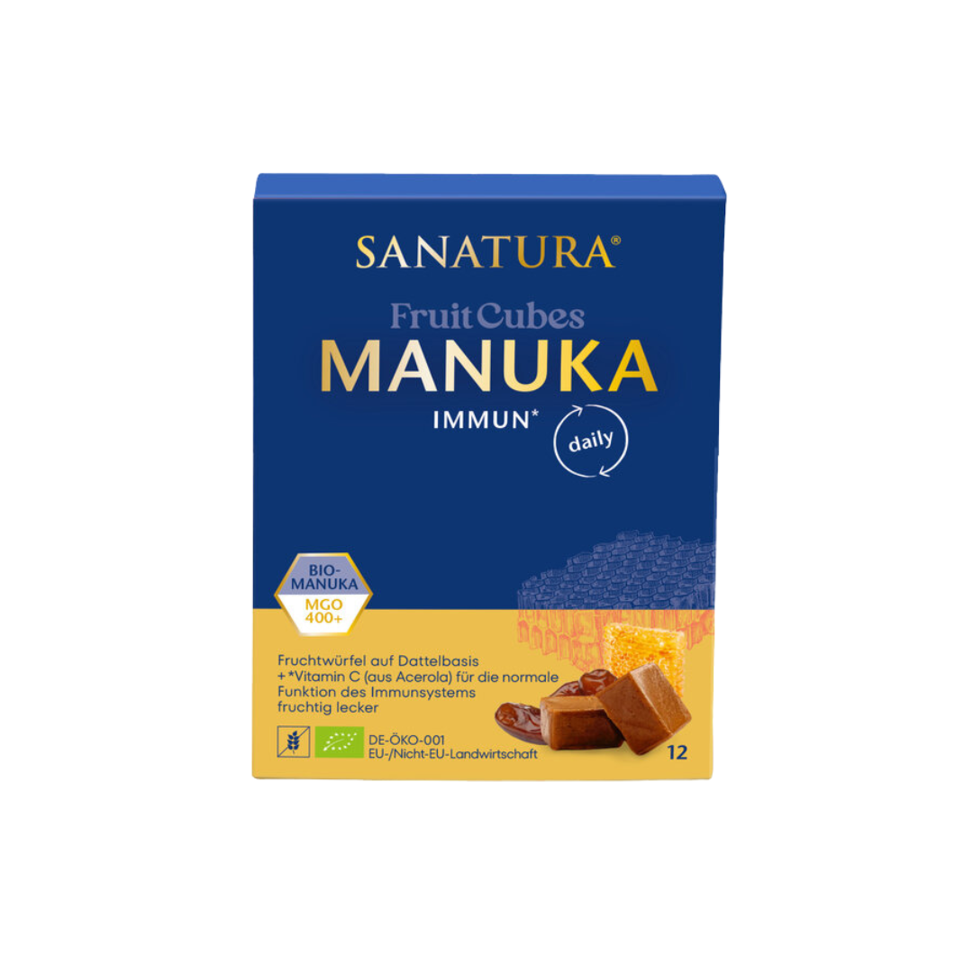 Sanatura Fruit Cubes Manuka 120 g – fruchtige Nahrungsergänzung mit Bio-Manuka-Honig MGO 400+ und Vitamin C zur Unterstützung des Immunsystems