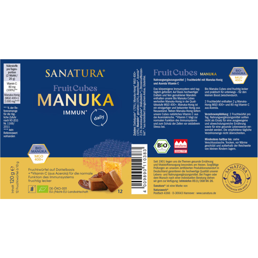 Etikett von Sanatura Fruit Cubes Manuka – mit Angaben zu Inhaltsstoffen, Anwendungsempfehlung und Nährwerten, inklusive MGO-Wert und Vitamin C-Gehalt