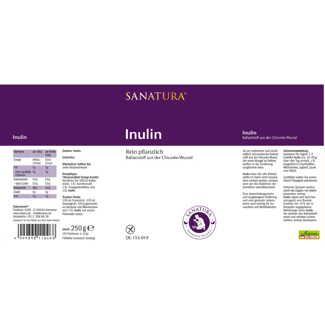 Sanatura Inulin Etikett 250 g – Ballaststoff aus der Chicorée-Wurzel, vegan, glutenfrei, mit Dosierungsempfehlung, Nährwerttabelle und Anwendungstipps