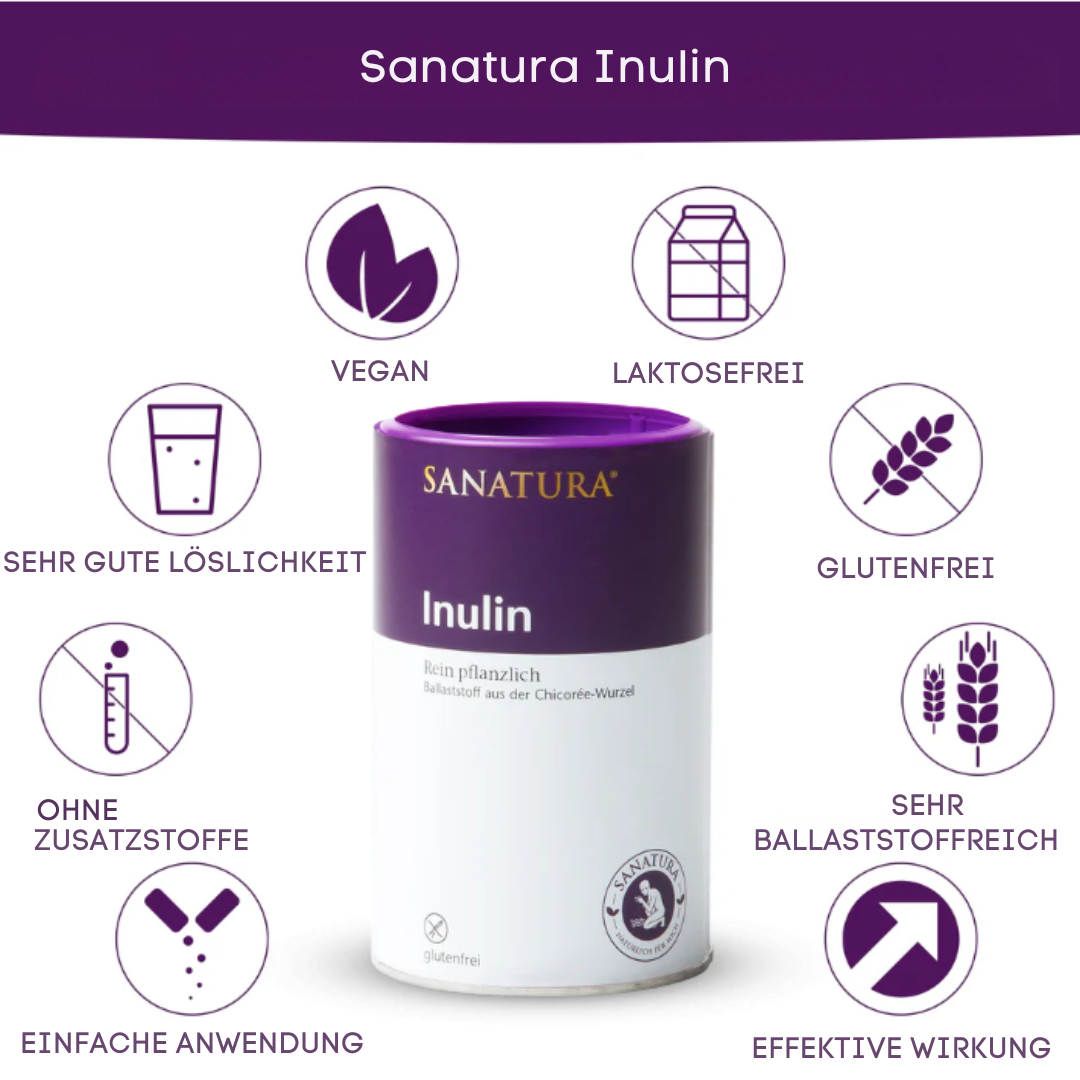 Sanatura Inulin 250 g – laktosefrei, vegan, glutenfrei, ohne Zusatzstoffe, sehr gute Löslichkeit und einfache Anwendung, in weiß-violetter Dose
