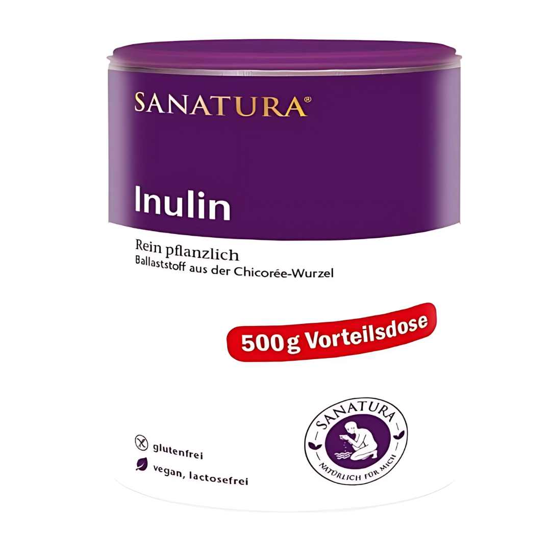 Sanatura Inulin 500 g Vorteilsdose – pflanzlicher Ballaststoff aus Chicorée, in großformatiger weiß-violetter Dose, vegan, glutenfrei, laktosefrei