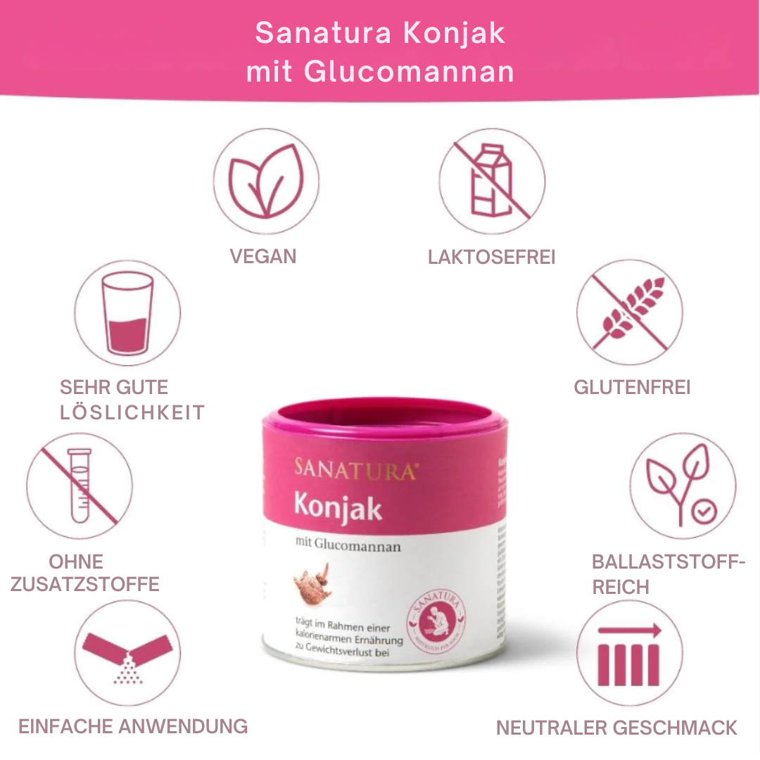Sanatura Konjak mit Glucomannan – vegan, glutenfrei, laktosefrei, ohne Zusatzstoffe, sehr gut löslich und geschmacksneutral, ideal zur Unterstützung bei Diät
