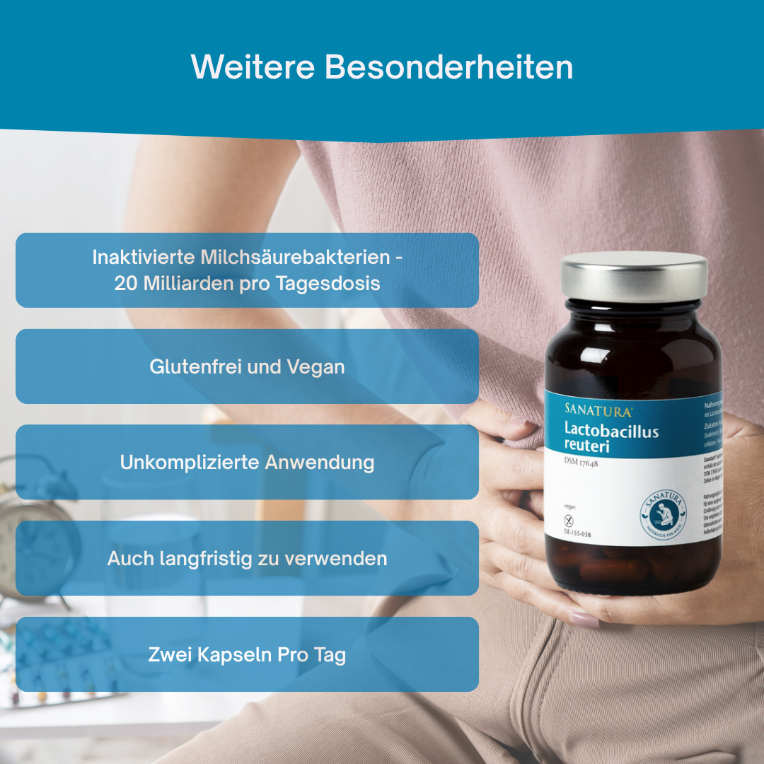 Sanatura Lactobacillus reuteri – mit 20 Milliarden inaktivierten Milchsäurebakterien pro Tagesdosis, auch zur langfristigen Einnahme geeignet