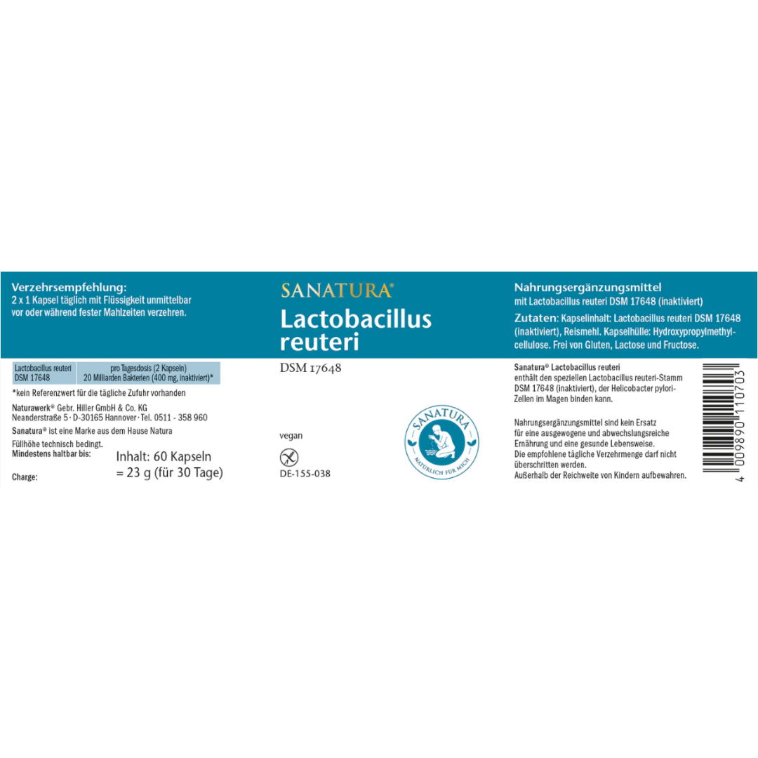 Etikett von Sanatura Lactobacillus reuteri – mit Verzehrempfehlung, Inhaltsstoffen und Detailangaben zu den enthaltenen Bakterienkulturen