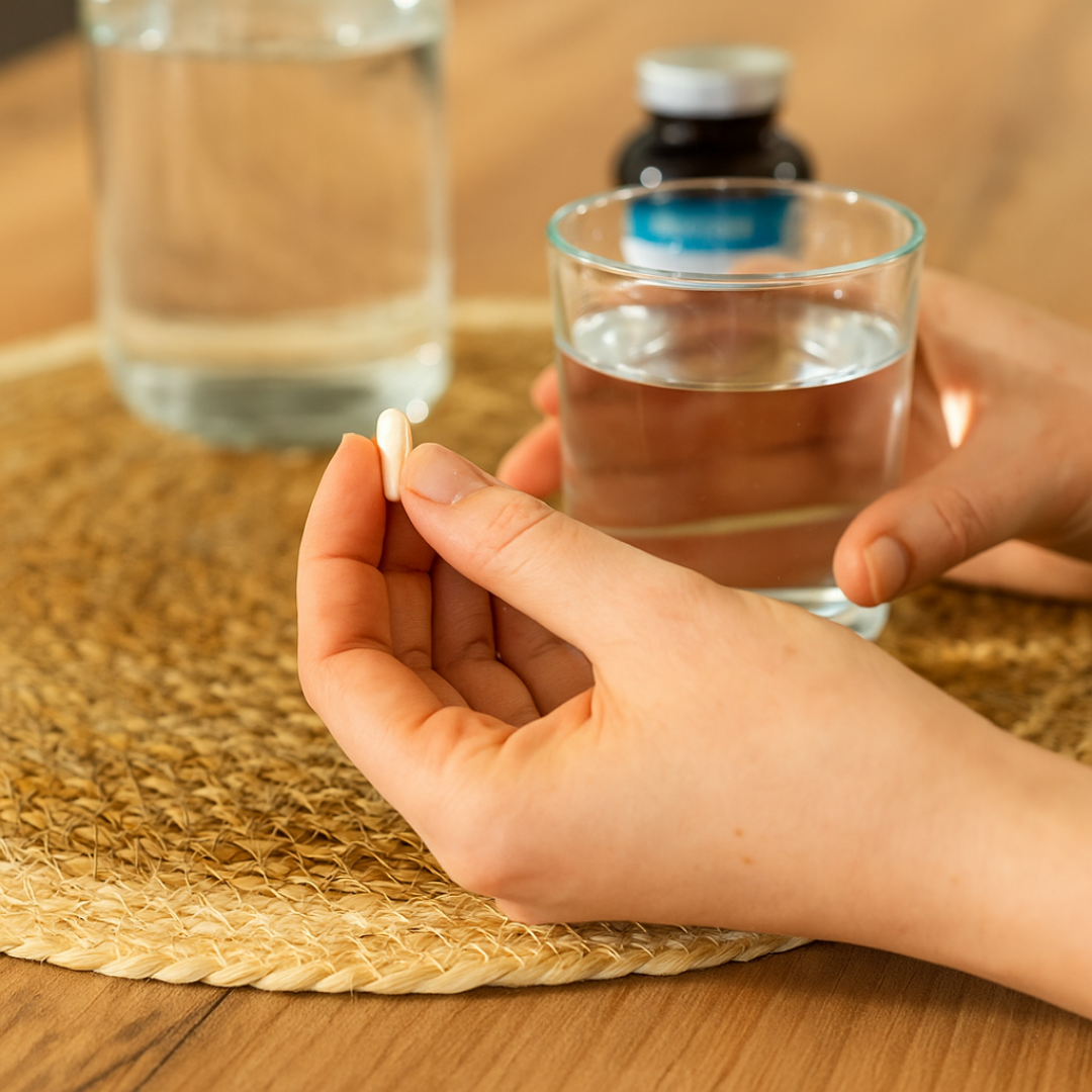 Sanatura Lactobacillus reuteri in der Anwendung – einfache Einnahme der Kapsel mit Wasser, ideal für den täglichen Gebrauch