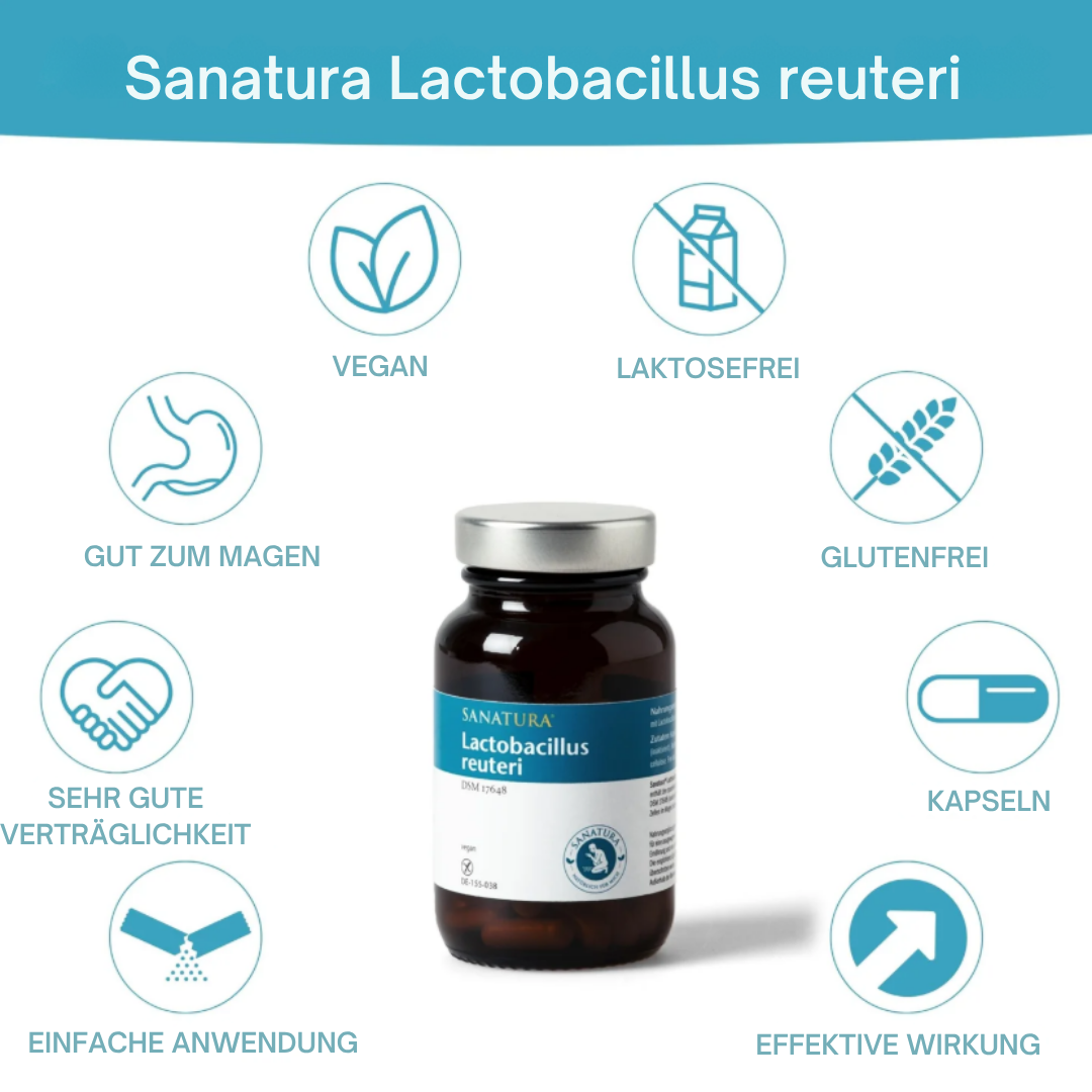 Sanatura Lactobacillus reuteri – vegan, glutenfrei, laktosefrei, gut verträglich, einfache Anwendung und magenfreundlich in Kapselform