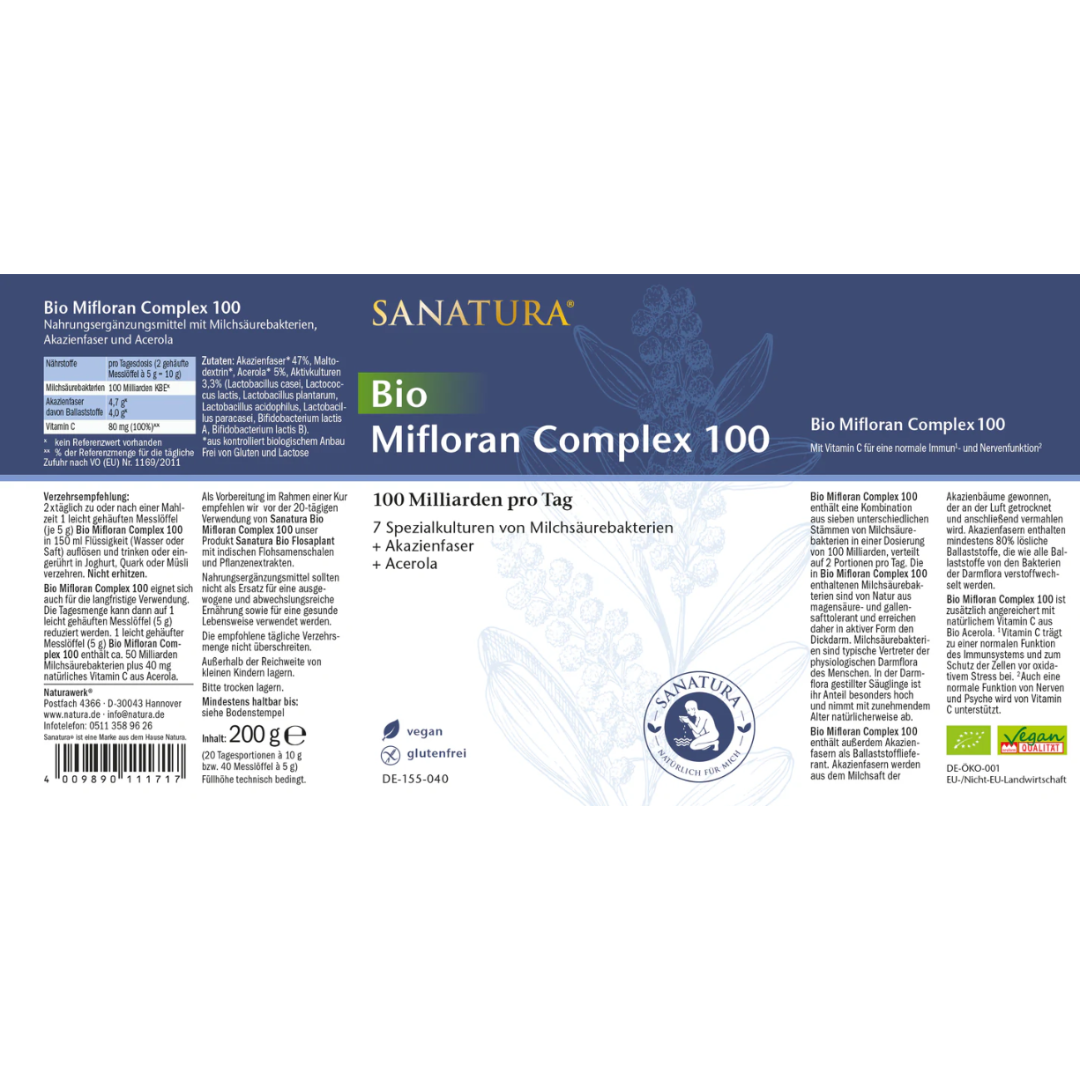 Etikett von Sanatura Mifloran Complex 100 – Informationen zu Milchsäurebakterien, Einnahmeempfehlung, Nährwerten und Zutaten wie Acerola und Akazienfaser