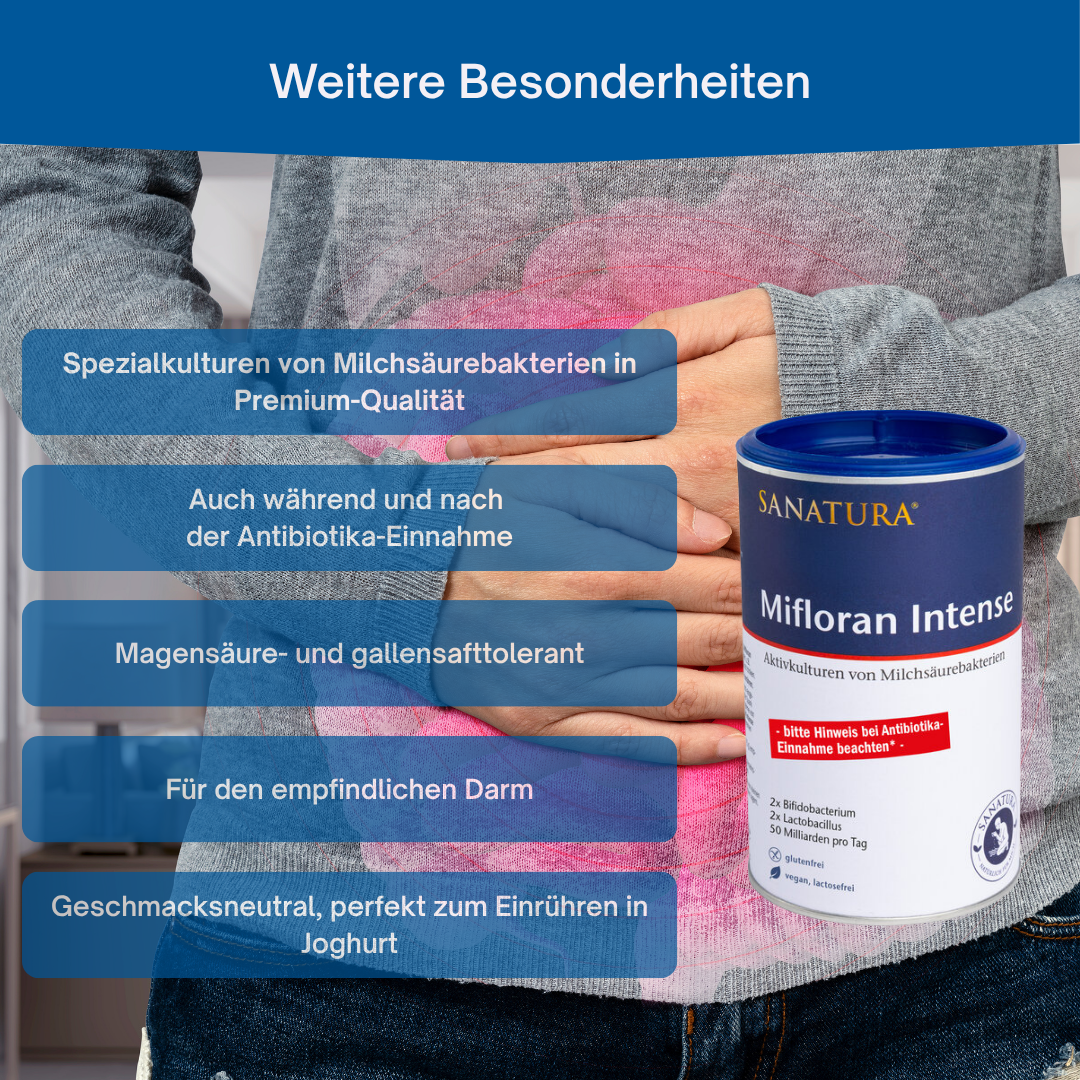 Besonderheiten von Sanatura Mifloran Intense: Spezialkulturen in Premium-Qualität, magensaftresistent, geschmacksneutral, geeignet während Antibiotika-Einnahme