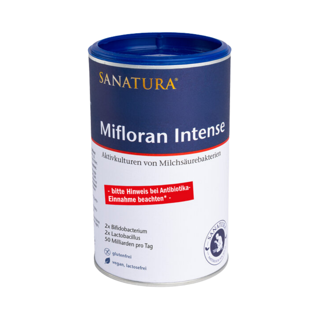 Vorderansicht der Sanatura Mifloran Intense Dose mit 50 Milliarden Milchsäurebakterien pro Tag, glutenfrei, vegan und laktosefrei