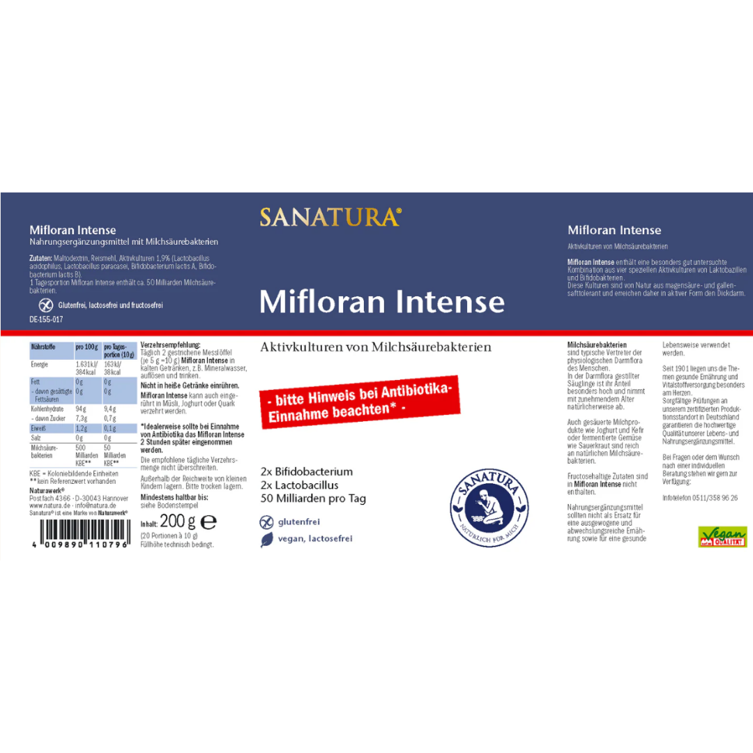 Detailliertes Produktetikett von Sanatura Mifloran Intense mit Inhaltsstoffen, Nährwerttabelle und Einnahmehinweisen