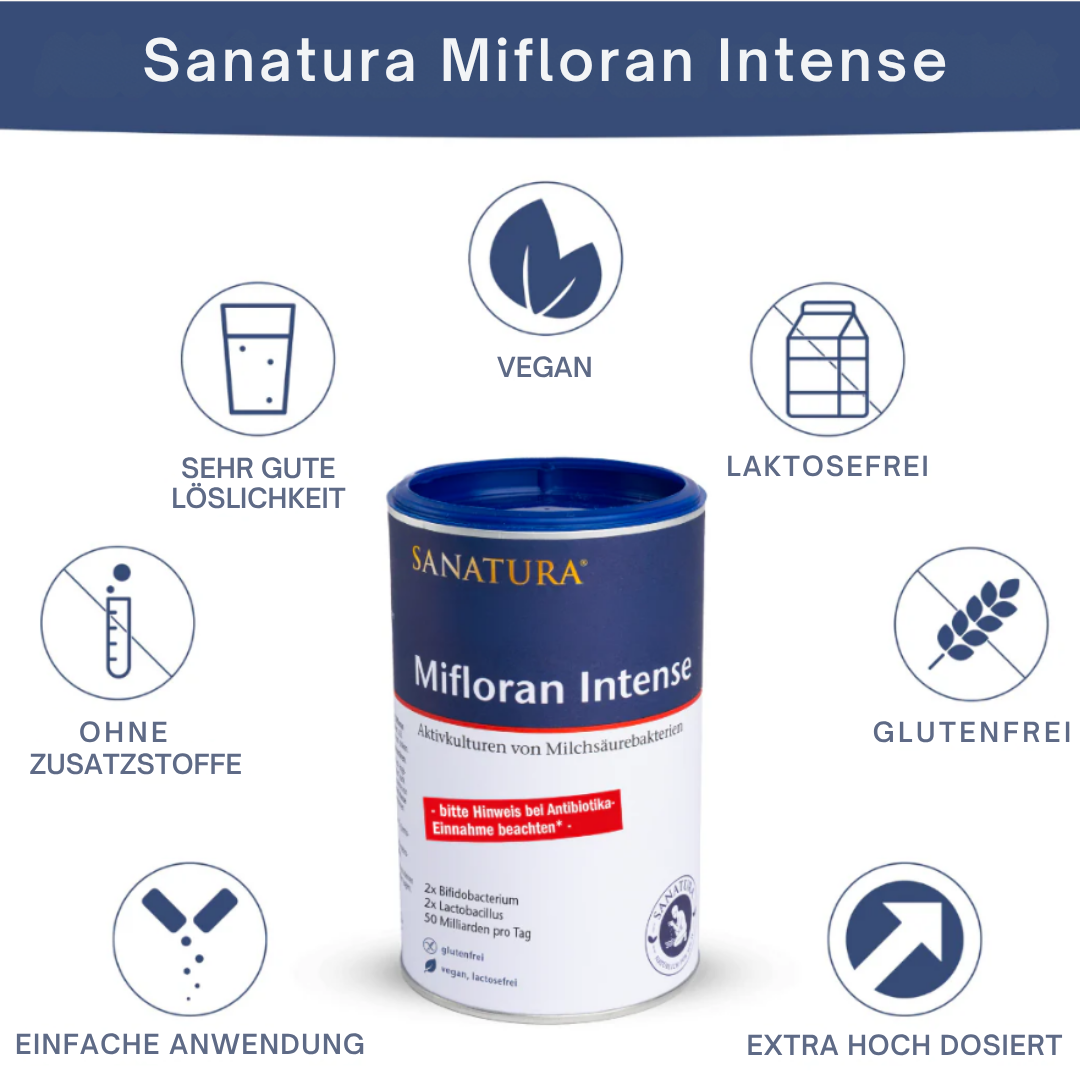Produktvorteile von Sanatura Mifloran Intense: vegan, glutenfrei, laktosefrei, extra hoch dosiert, ohne Zusatzstoffe, sehr gut löslich