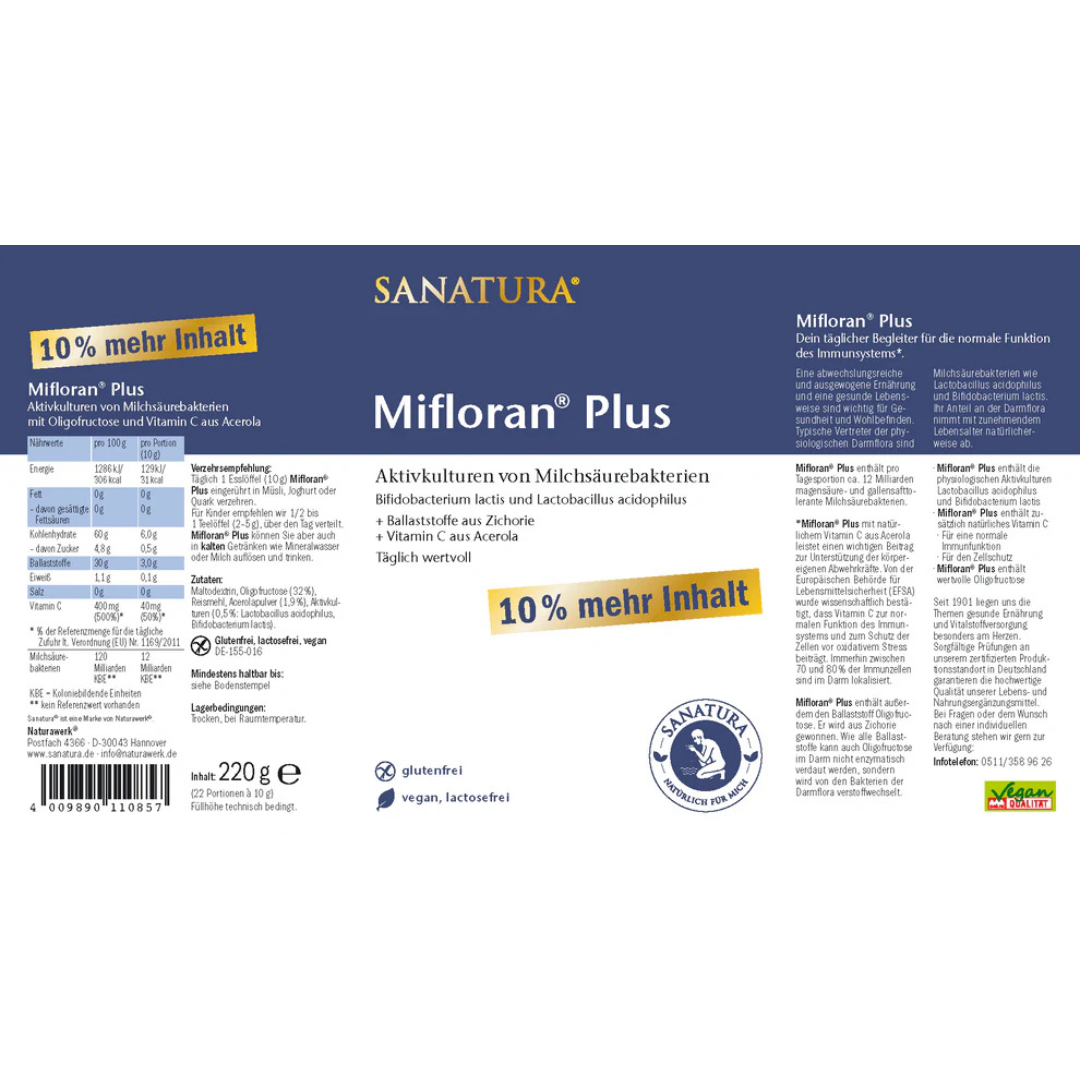 Sanatura Mifloran Plus 220 g Etikett – Informationen zu Zutaten, Nährwerten, Verzehrempfehlung und Eigenschaften wie glutenfrei, laktosefrei und vegan.
