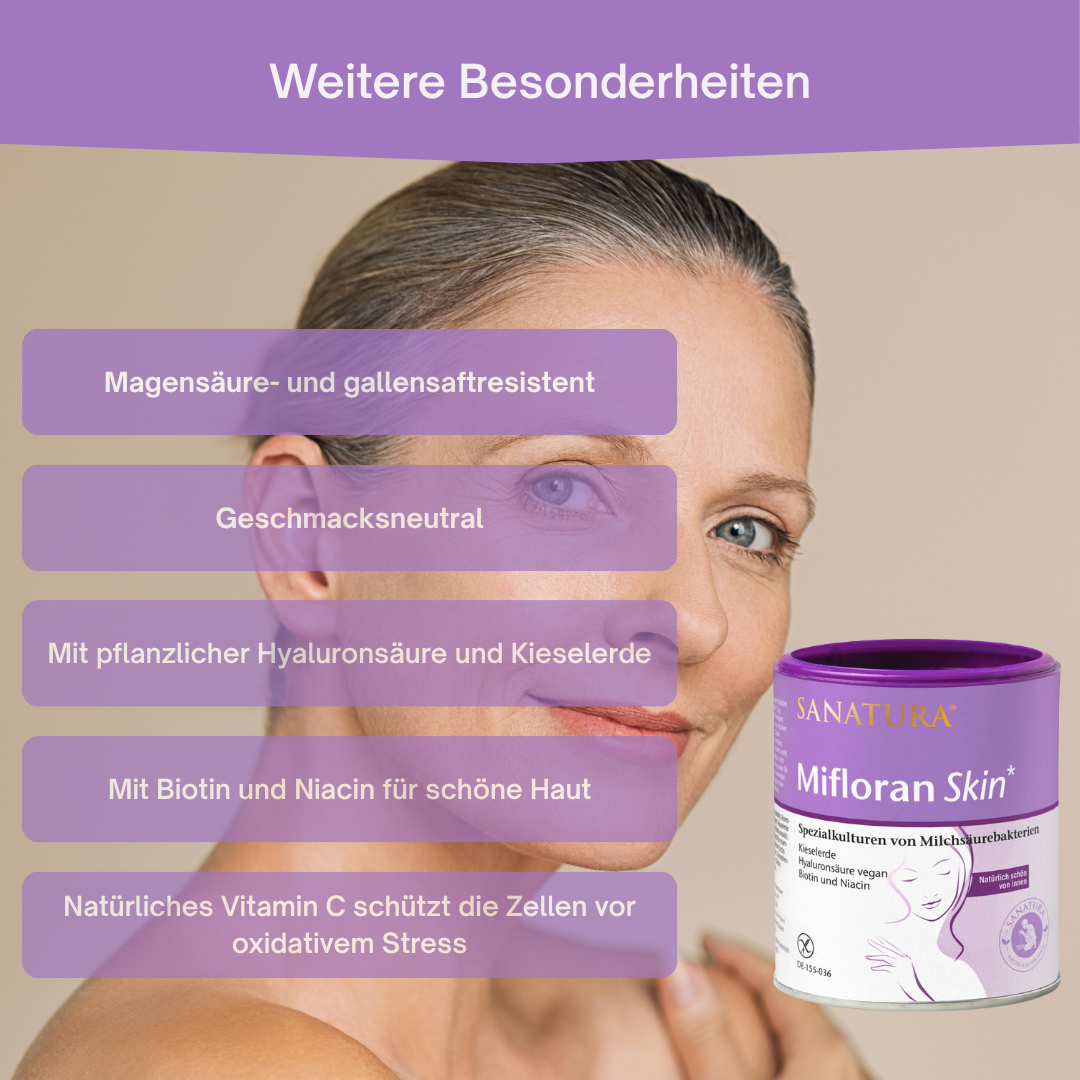 Besonderheiten von Sanatura Mifloran Skin: magensaftresistent, geschmacksneutral, mit pflanzlicher Hyaluronsäure, Biotin, Kieselerde und natürlichem Vitamin C