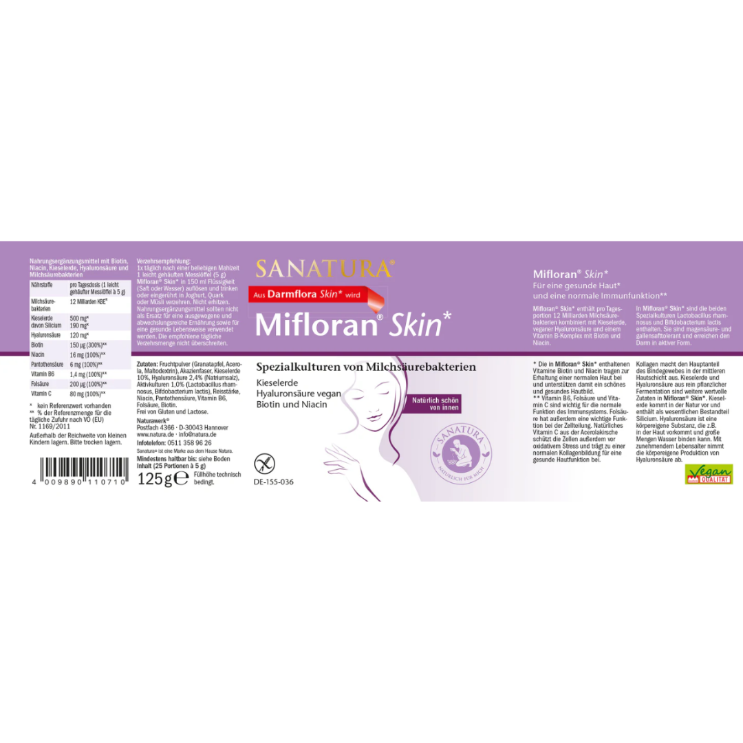 Etikett von Sanatura Mifloran Skin mit Nährwertangaben, Inhaltsstoffen und Anwendungsempfehlungen zur Unterstützung von Haut und Immunsystem