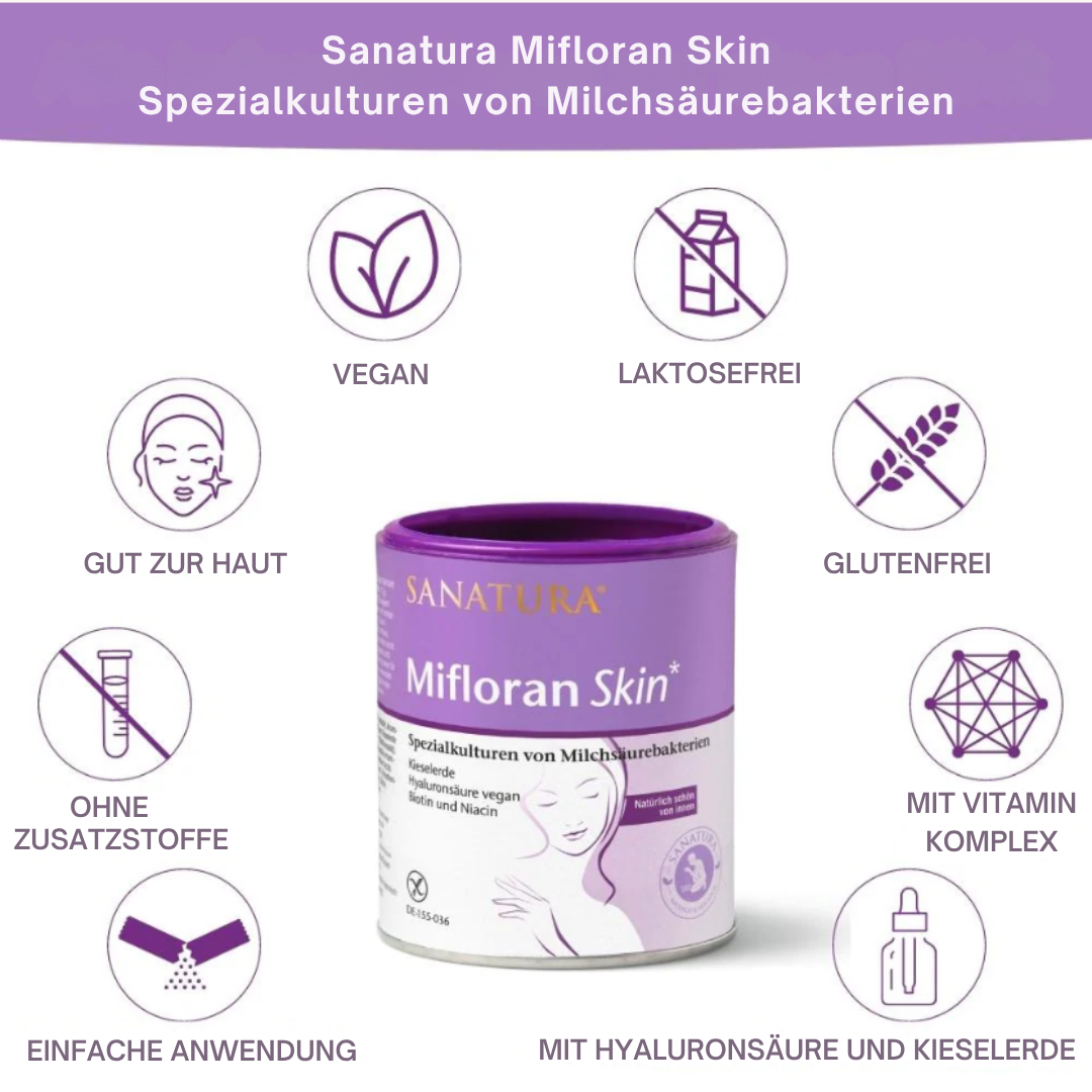 Vorteile von Sanatura Mifloran Skin: gut zur Haut, vegan, laktosefrei, glutenfrei, ohne Zusatzstoffe, mit Vitamin-Komplex, Hyaluronsäure und Kieselerde