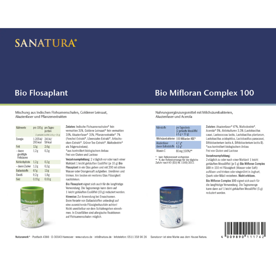 Detailansicht der Etiketten von Sanatura Bio Mifloran Complex 100 und Bio Flosaplant mit Inhaltsstoffen, Nährwertangaben und Einnahmeempfehlungen