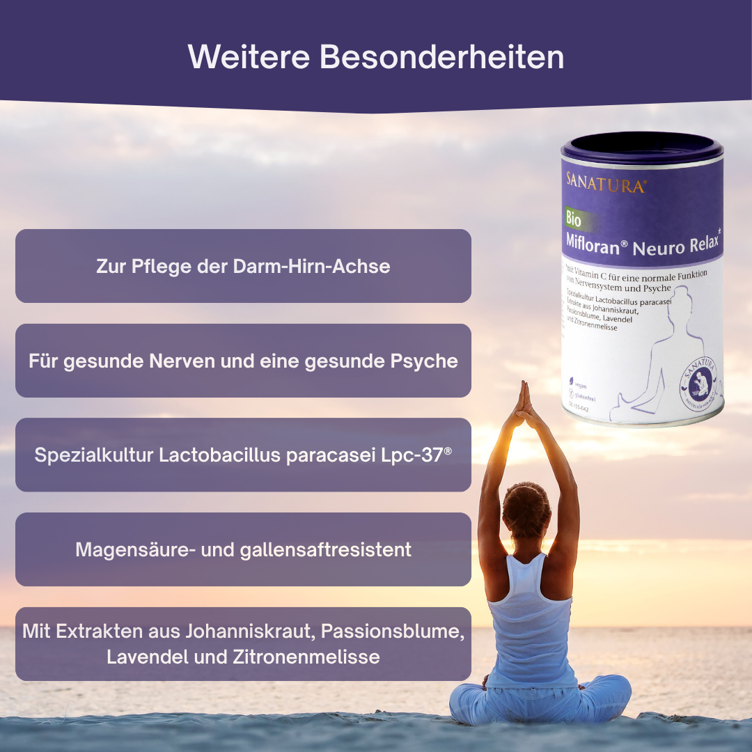 Besonderheiten von Sanatura Mifloran Neuro Relax: Unterstützung der Darm-Hirn-Achse, mit pflanzlichen Extrakten und milchsäureresistenten Bakterien