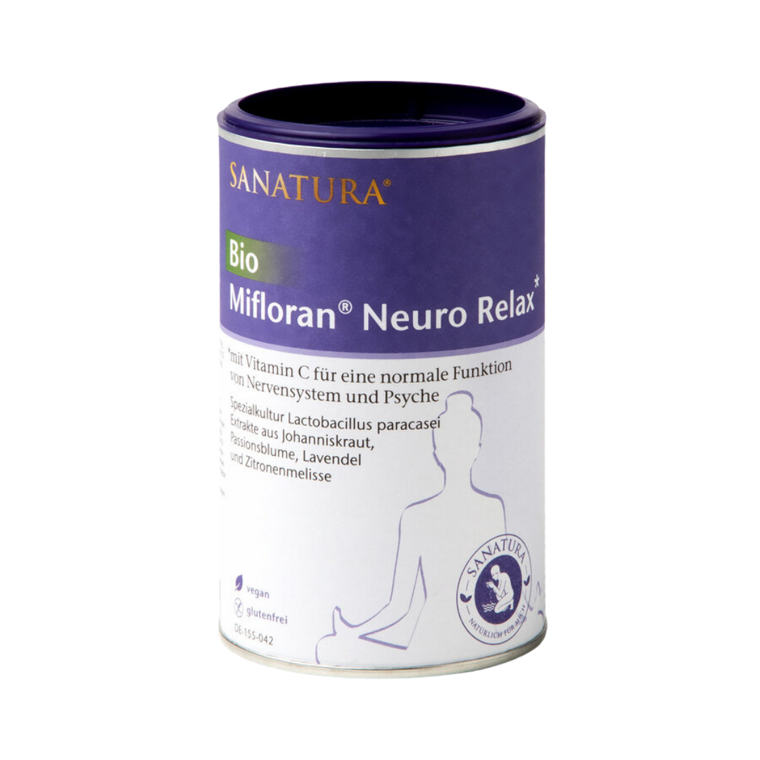 Vorderansicht der Sanatura Bio Mifloran Neuro Relax Dose mit Vitamin C, pflanzlichen Extrakten und Spezialkultur Lactobacillus paracasei