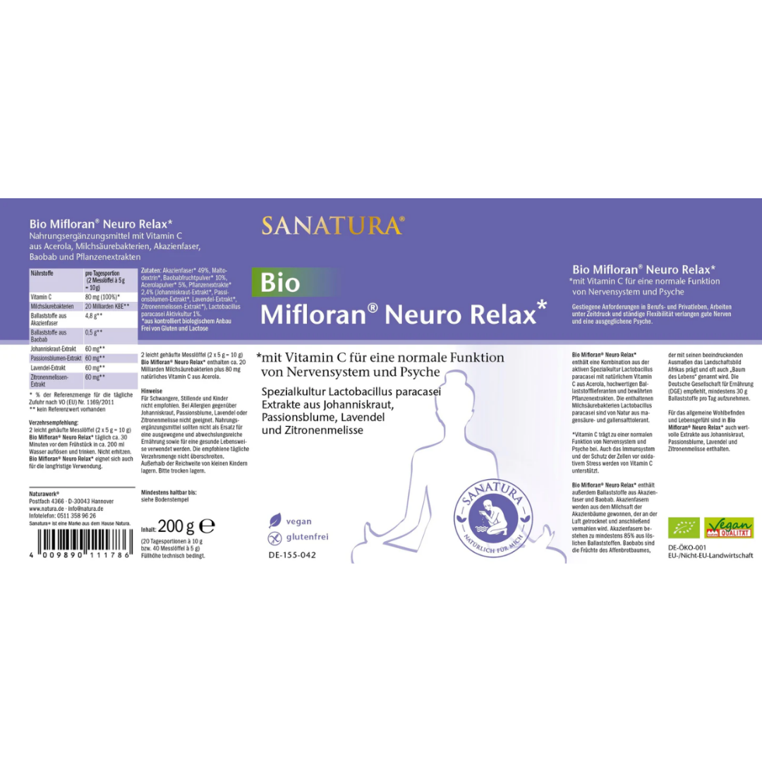 Produktetikett von Sanatura Mifloran Neuro Relax mit Zutaten, Nährwerten und Anwendungsempfehlung auf einen Blick