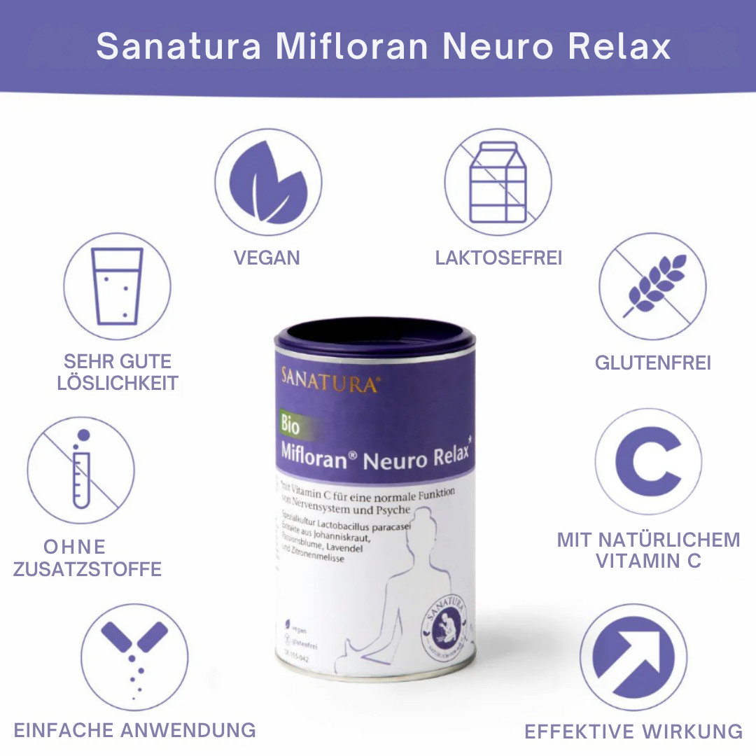 Produktvorteile von Sanatura Neuro Relax: vegan, glutenfrei, ohne Zusatzstoffe, mit natürlichem Vitamin C, sehr gut löslich, laktosefrei
