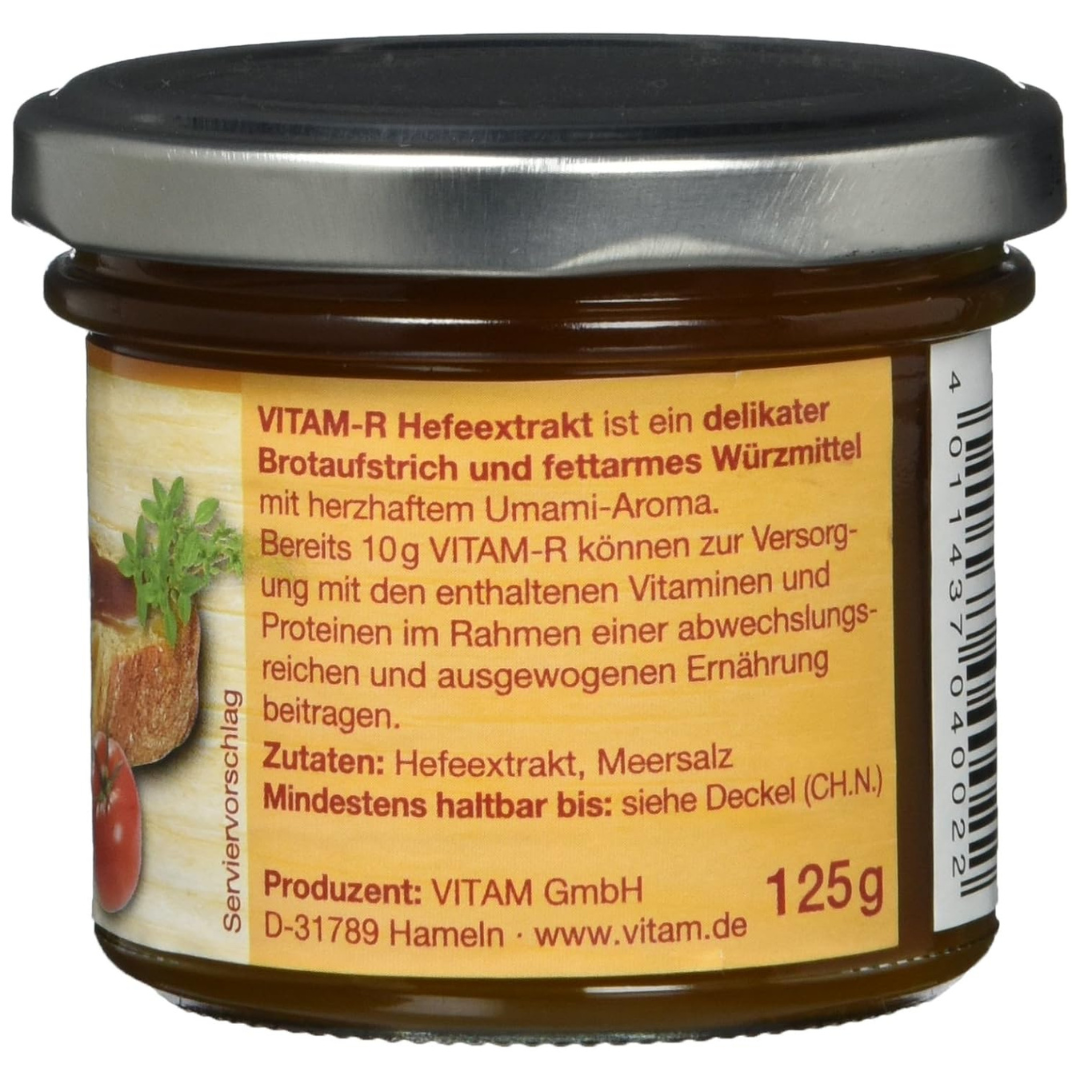 VITAM-R Klassik Hefeextrakt veganer Brotaufstrich 125 g Glas Seitenansicht mit Produktbeschreibung