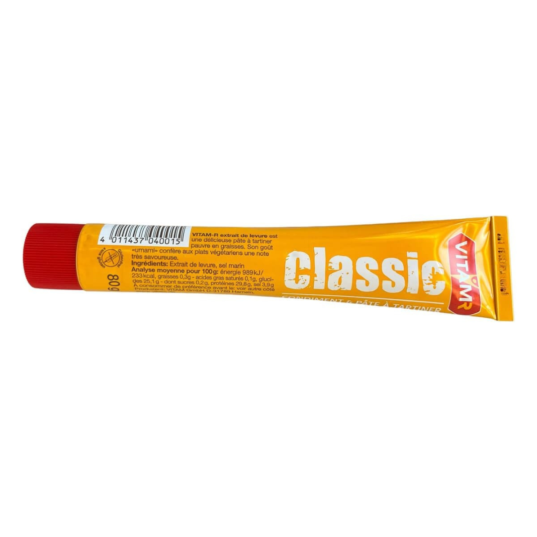VITAM-R Klassik Hefeextrakt veganer Brotaufstrich 80 g Tube Rückansicht mit Zutaten und Nährwertangaben