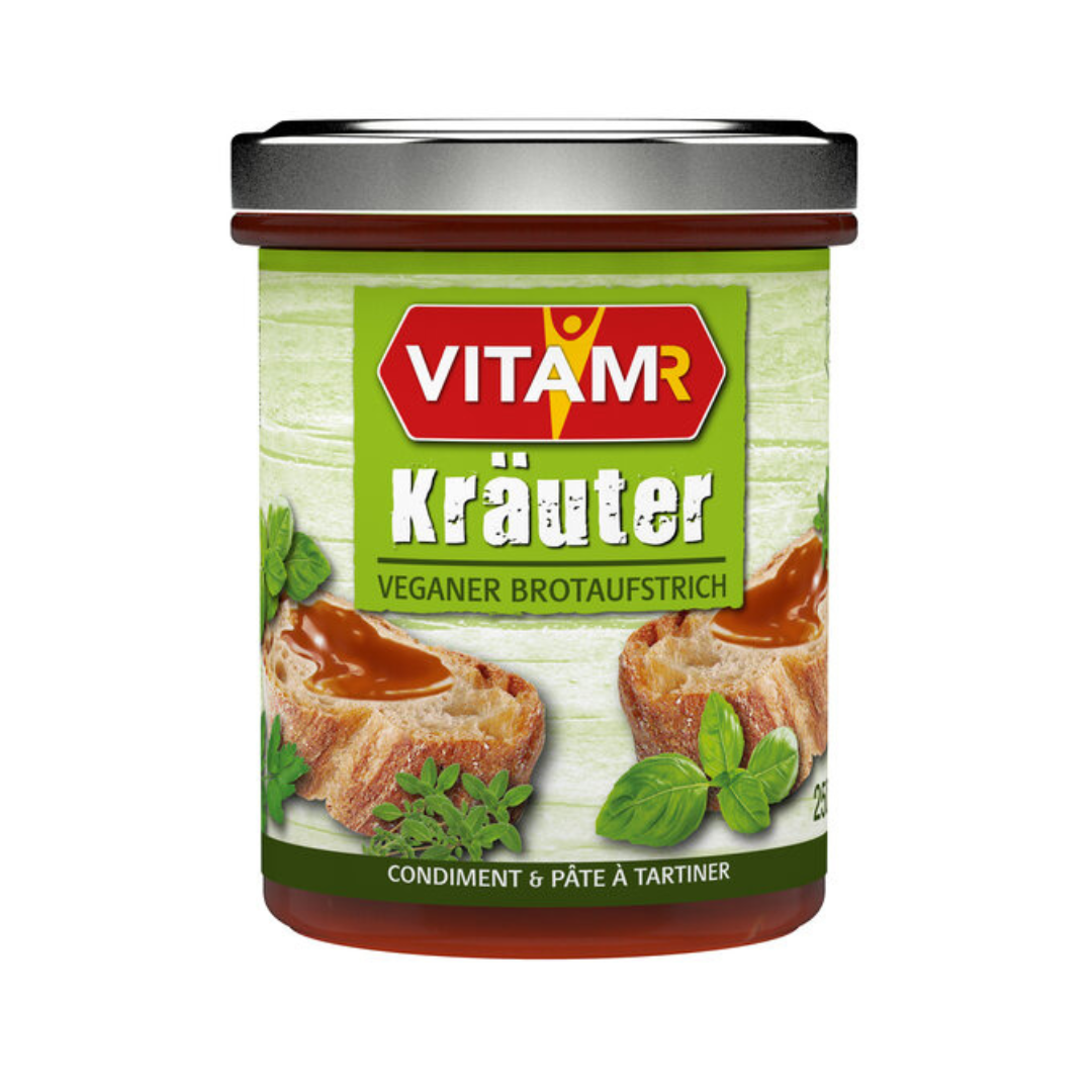 VITAM-R Kräuter Hefeextrakt veganer Brotaufstrich 250 g Glas – Veganer Kräuter-Hefeaufstrich im 250 g Glas, herzhafter Brotbelag mit feiner Würze.