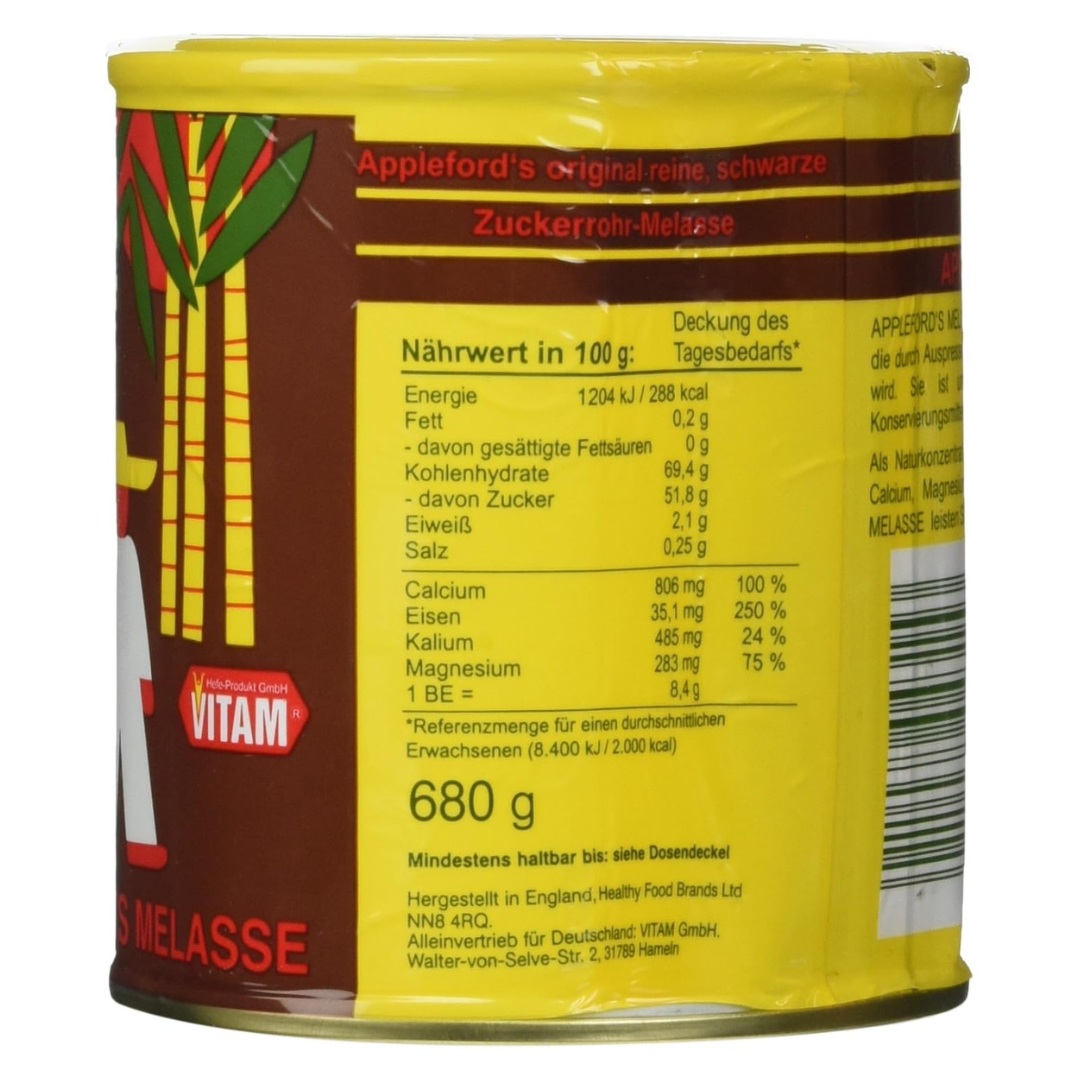 VITAM Appleford’s Melasse 680g – Dose mit Nährwertangaben und Inhaltsstoffen der schwarzen Zuckerrohrmelasse