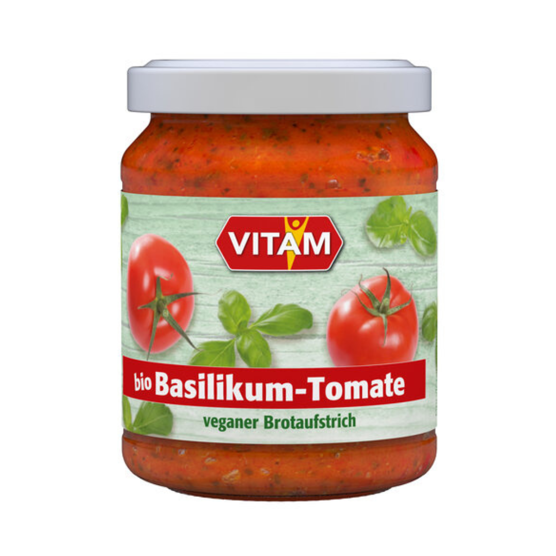 VITAM Bio Brotaufstrich Basilikum-Tomate – veganer Aufstrich mit fruchtigen Tomaten und Basilikum im Glas