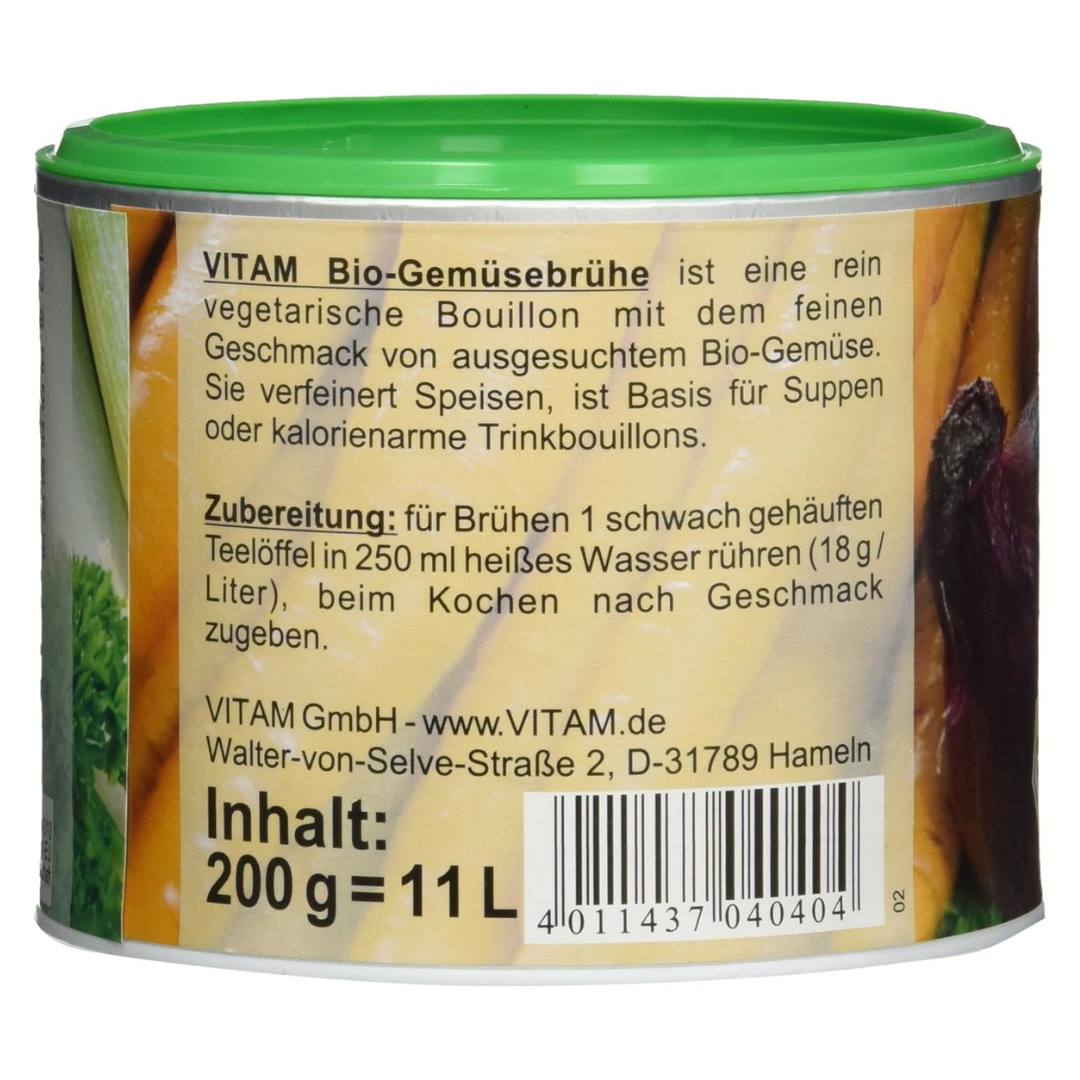 VITAM Bio Instant Gemüsebrühe 200 g – Rückseite mit Zubereitungshinweisen für Suppen und Gerichte