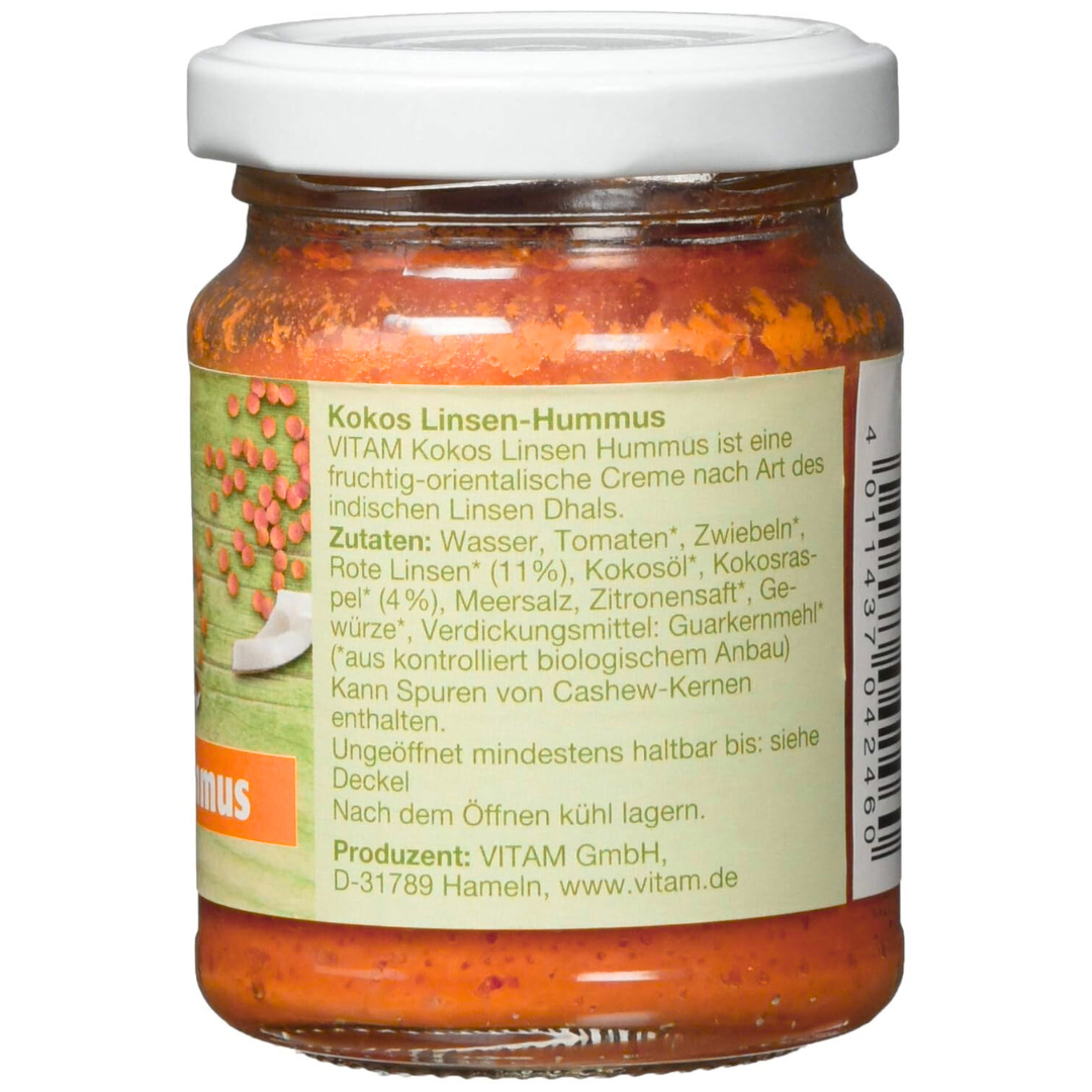 VITAM Kokos-Linsen-Hummus Bio vegan Brotaufstrich 115g Zutaten – Seitenansicht des Glases mit Zutatenliste, Herstellerangaben und Lagerungshinweisen des Bio-Hummus.