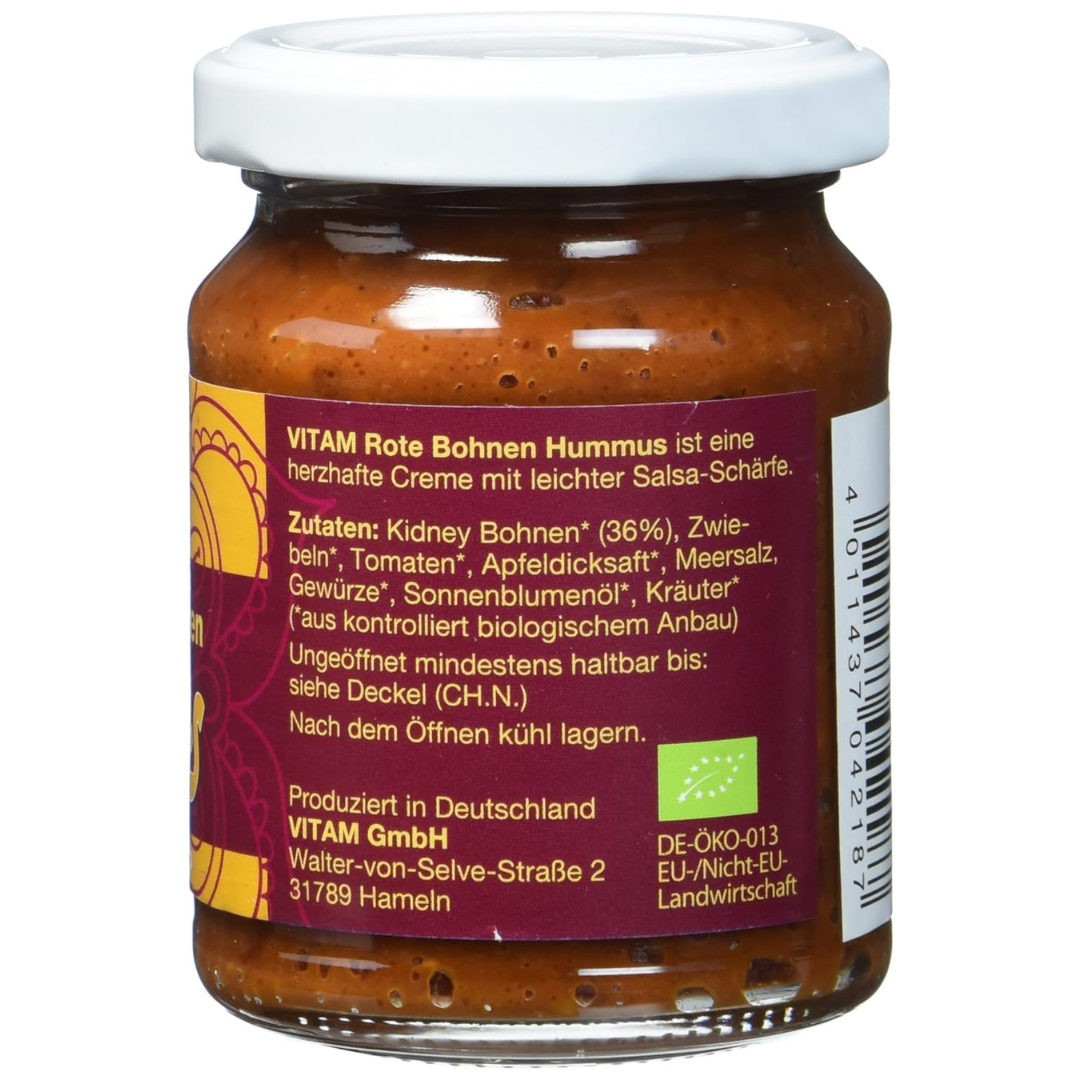 Zutatenliste des VITAM Bio Rote Bohnen Hummus – veganer Brotaufstrich mit Kidneybohnen, Tomaten und Gewürzen im 125 g Glas