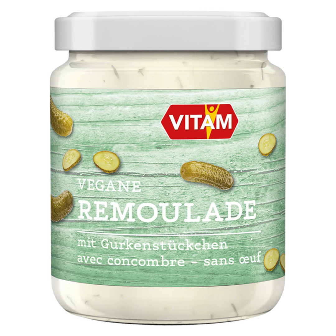 VITAM Vegane Remoulade 225 ml – pflanzliche Salatcreme mit Gurkenstückchen im Glas