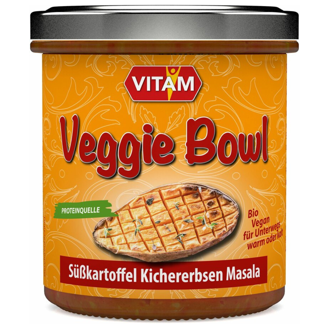 VITAM Veggie Bowl Süßkartoffel Kichererbsen Masala 300 g – Bio-Fertiggericht, vegane Proteinquelle, ideal für unterwegs oder als warme Mahlzeit
