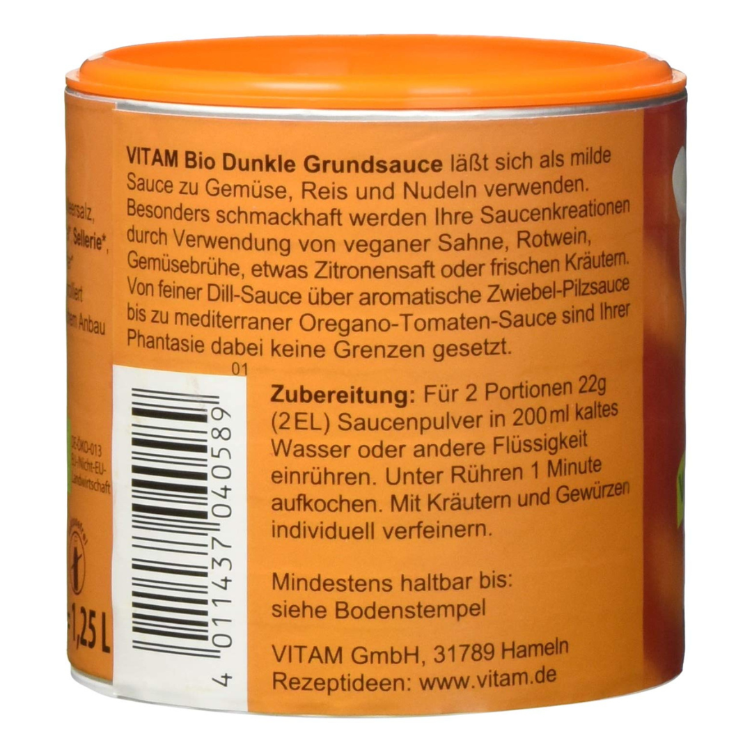 VITAM Bio Dunkle Grundsauce 125g – Zubereitungsempfehlung und Serviervorschläge auf der Dose