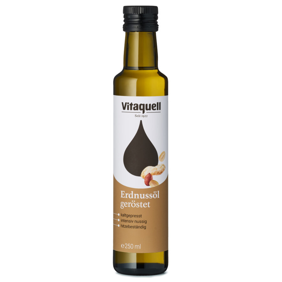 Vitaquell Erdnussöl geröstet 250ml – kaltgepresstes, intensiv nussiges und hitzebeständiges Öl in der Glasflasche