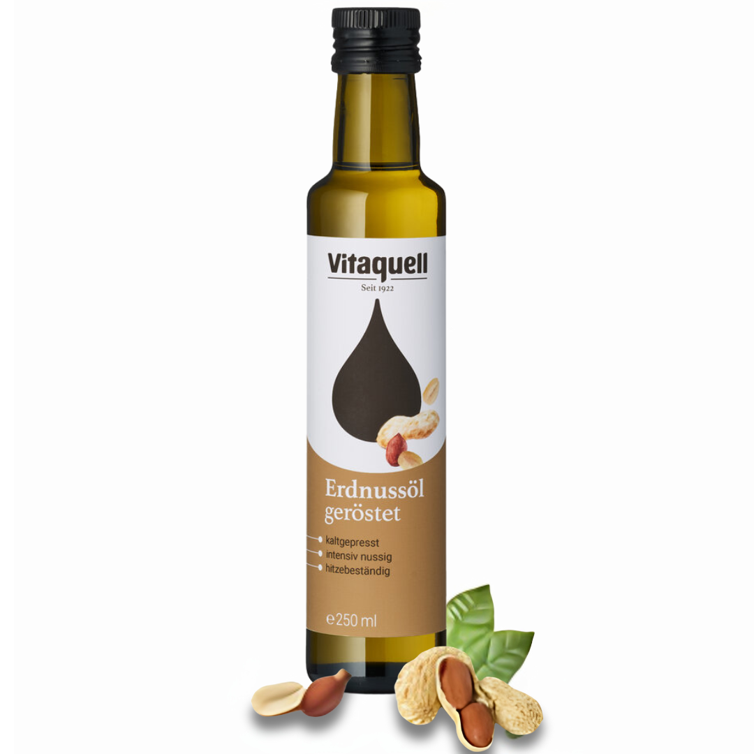 Vitaquell Erdnussöl geröstet 250ml – kaltgepresstes Bio-Öl mit intensivem Nussaroma, dekoriert mit Erdnüssen