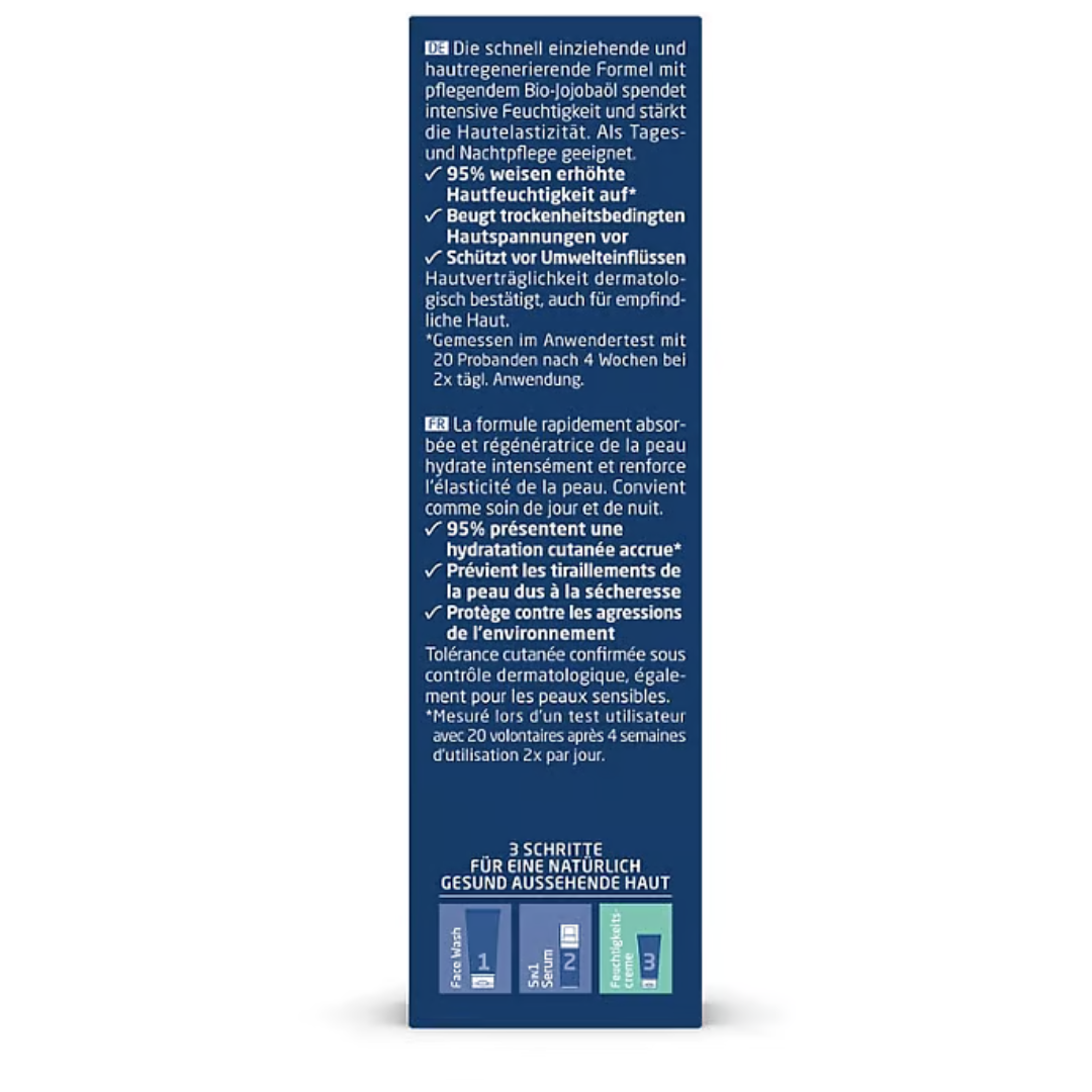 Weleda For Men Feuchtigkeitscreme 30 ml – Rückseite mit Anwendungshinweisen, Wirkaussagen und dermatologischer Bestätigung