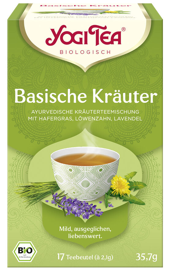 Eine Packung "Yogi Tea Basische Kräuter" von der Marke Yogi Tea. Auf der Vorderseite der Packung steht "Basische Kräuter" und "Ayurvedische Kräuterteemischung mit Hafergras, Löwenzahn, Lavendel". Das Etikett zeigt eine dampfende Tasse Tee, umgeben von Hafergras, Löwenzahnblüten und Lavendelblüten. Unten auf der Packung steht "Mild, ausgeglichen, liebenswert". Die Packung enthält 17 Teebeutel mit jeweils 2,1 g Tee, insgesamt 35,7 g.